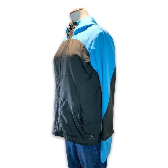 new Balance Women's Sequence Hood Jacket Black Blue Zip Windbreaker Top - Picture 2 of 13